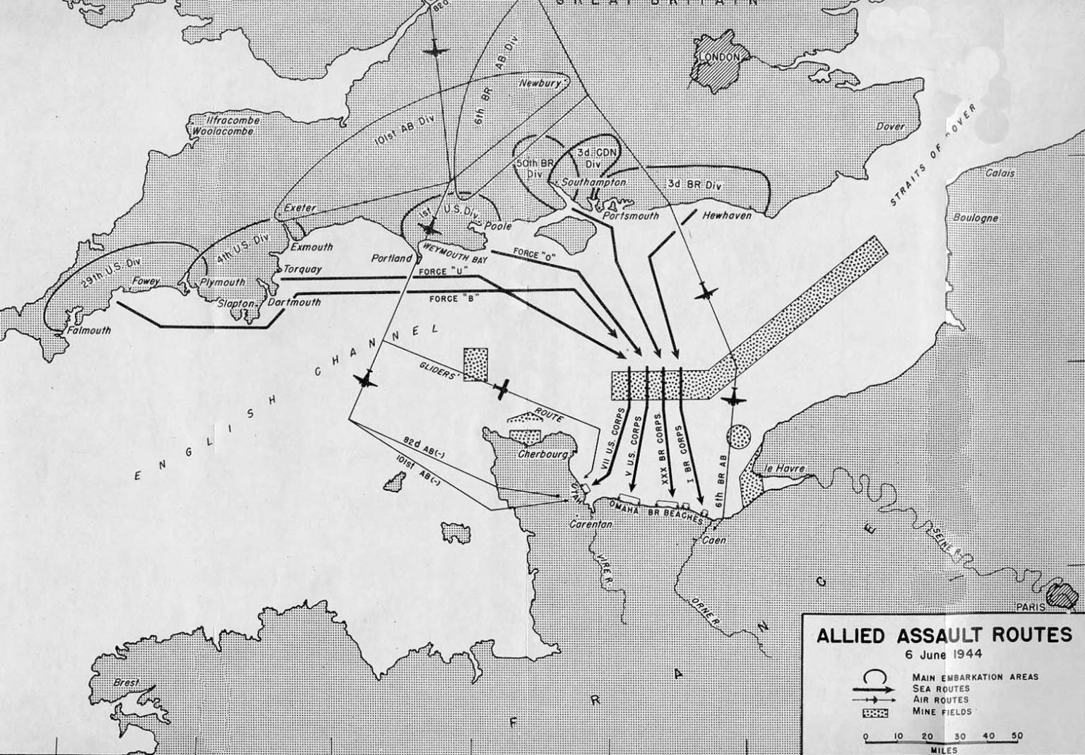 A map of Allied assault routes on D-Day, 6 June 1944, showing troop movements across the English Channel to Normandy, France with arrows indicating primary areas of attack including forces J, G, O, U, and S.