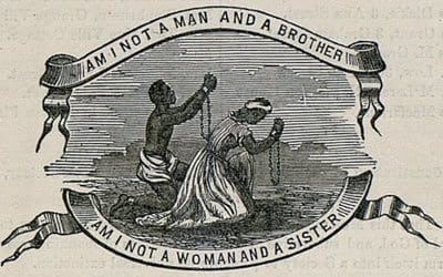 Political illustration showing two enslaved Africans in chains. The text reads 