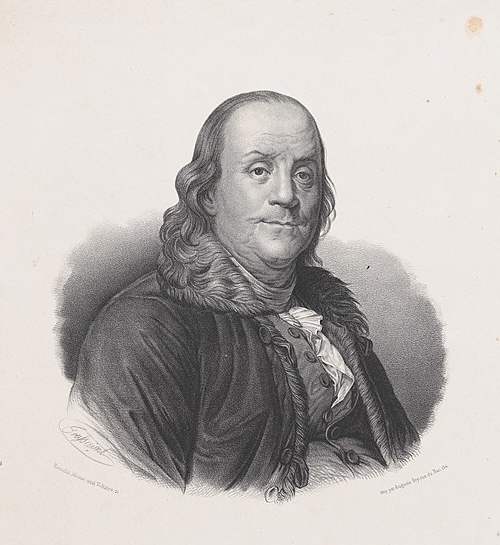 Black and white engraved portrait of Benjamin Franklin.