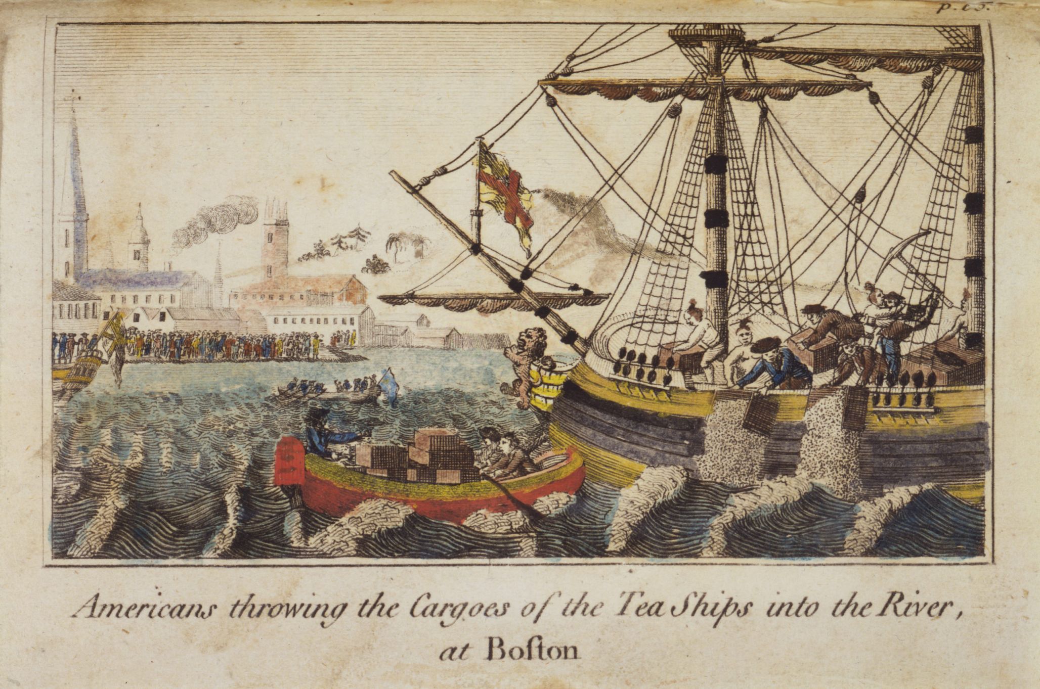 A colored engraving of the Boston Tea Party.