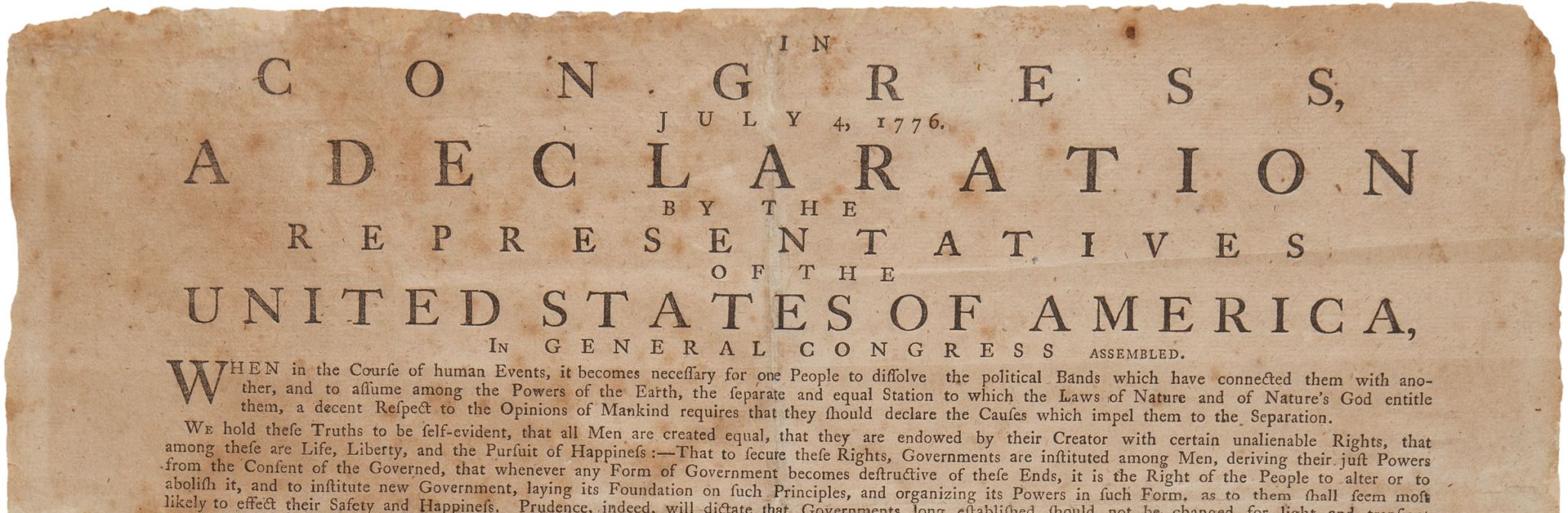 The broadside of the Declaration of Independence from 1776. The text at the top reads: IN CONGRESS, JULY 4, 1776. A DECLARATION BY THE REPRESENTATIVES OF THE UNITED STATES OF AMERICA, IN GENERAL CONGRESS ASSEMBLED. This document is a reproduction of the Declaration of Independence, which was adopted by the Continental Congress on July 4, 1776, marking the formal separation of the Thirteen Colonies from Great Britain.