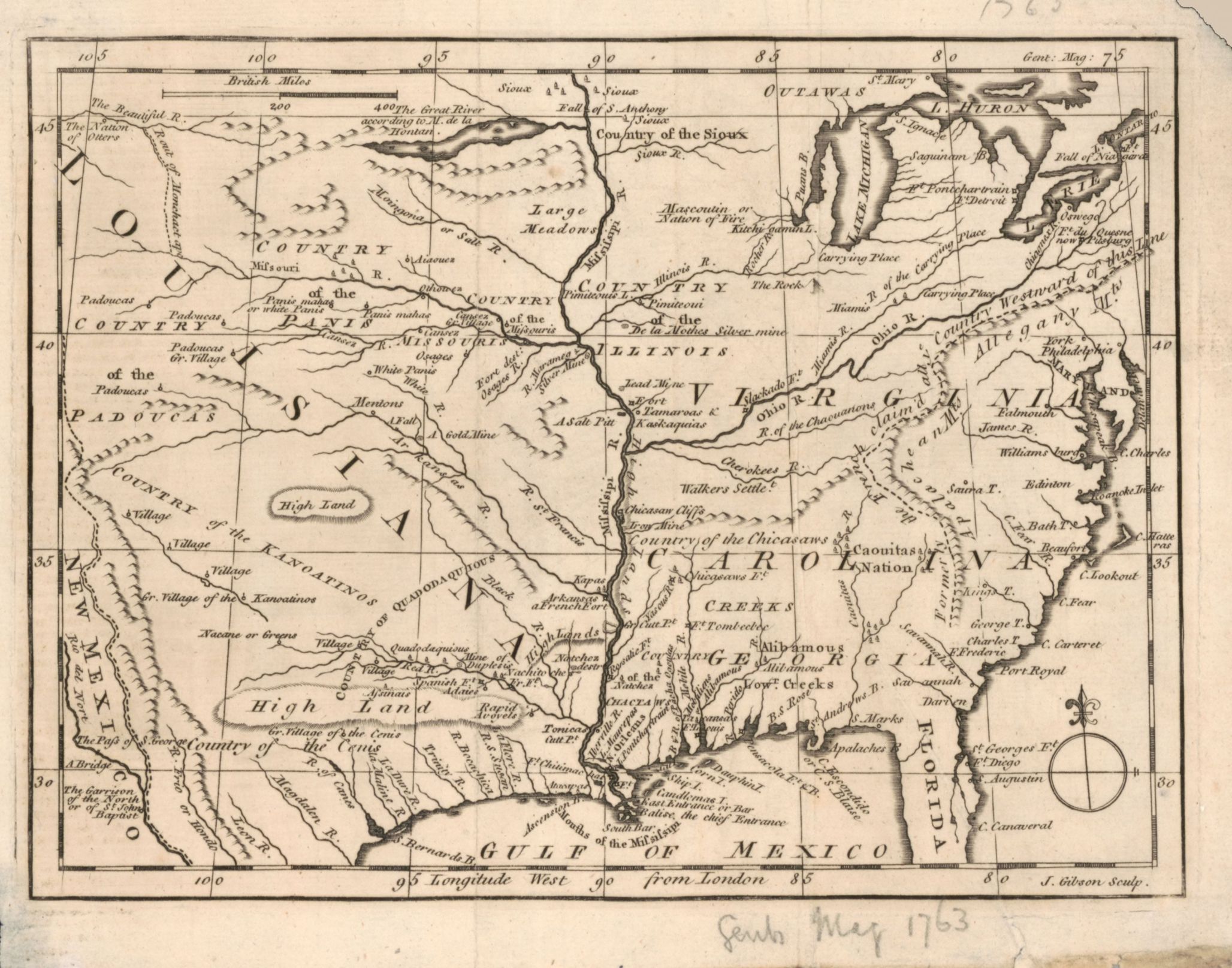 A vintage map from 1763 showing parts of North America, including the eastern and central regions. It depicts various states and territories, rivers, mountain ranges, and Native American lands. The Gulf of Mexico is labeled at the bottom of the map.