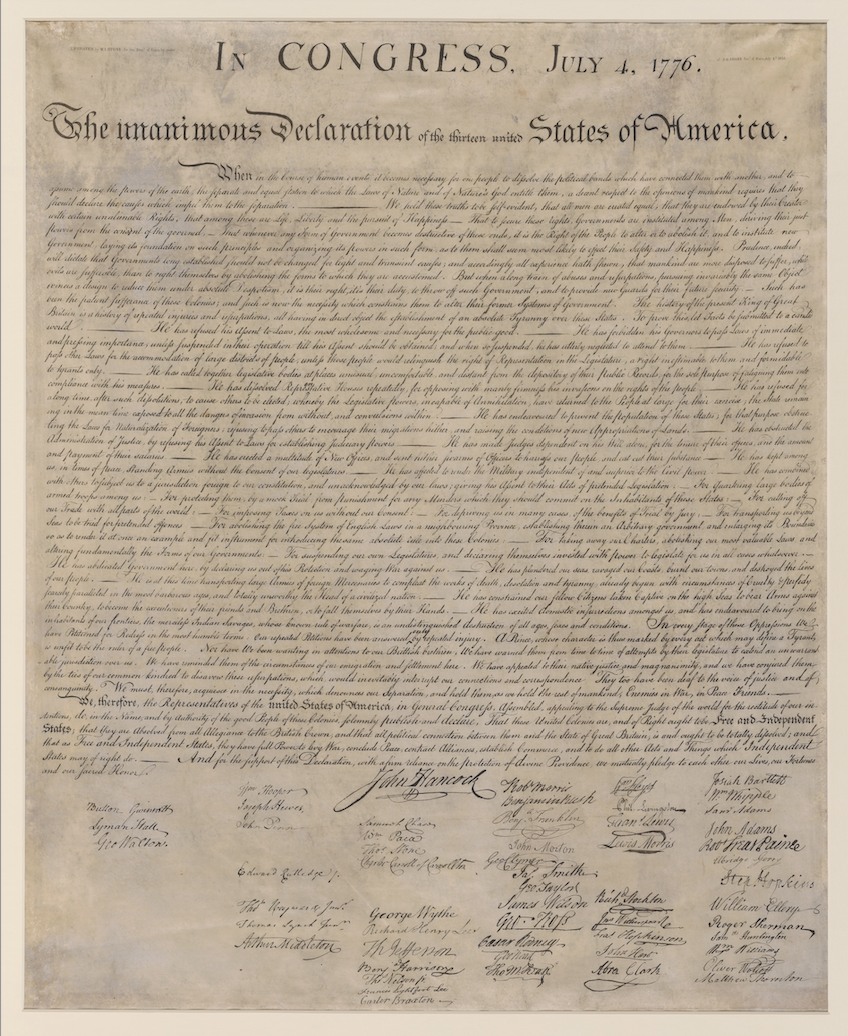 The image shows a high-resolution scan of the United States Declaration of Independence, dated July 4, 1776. The document features a heading at the top, body text in the center, and signatures of the Founding Fathers at the bottom. The parchment is aged and slightly wrinkled.