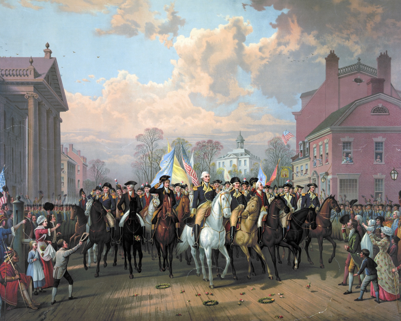 Illustration of George Washington on horseback triumphantly entering New York City on Evacuation Day with his men. The crowd greets them joyfully.