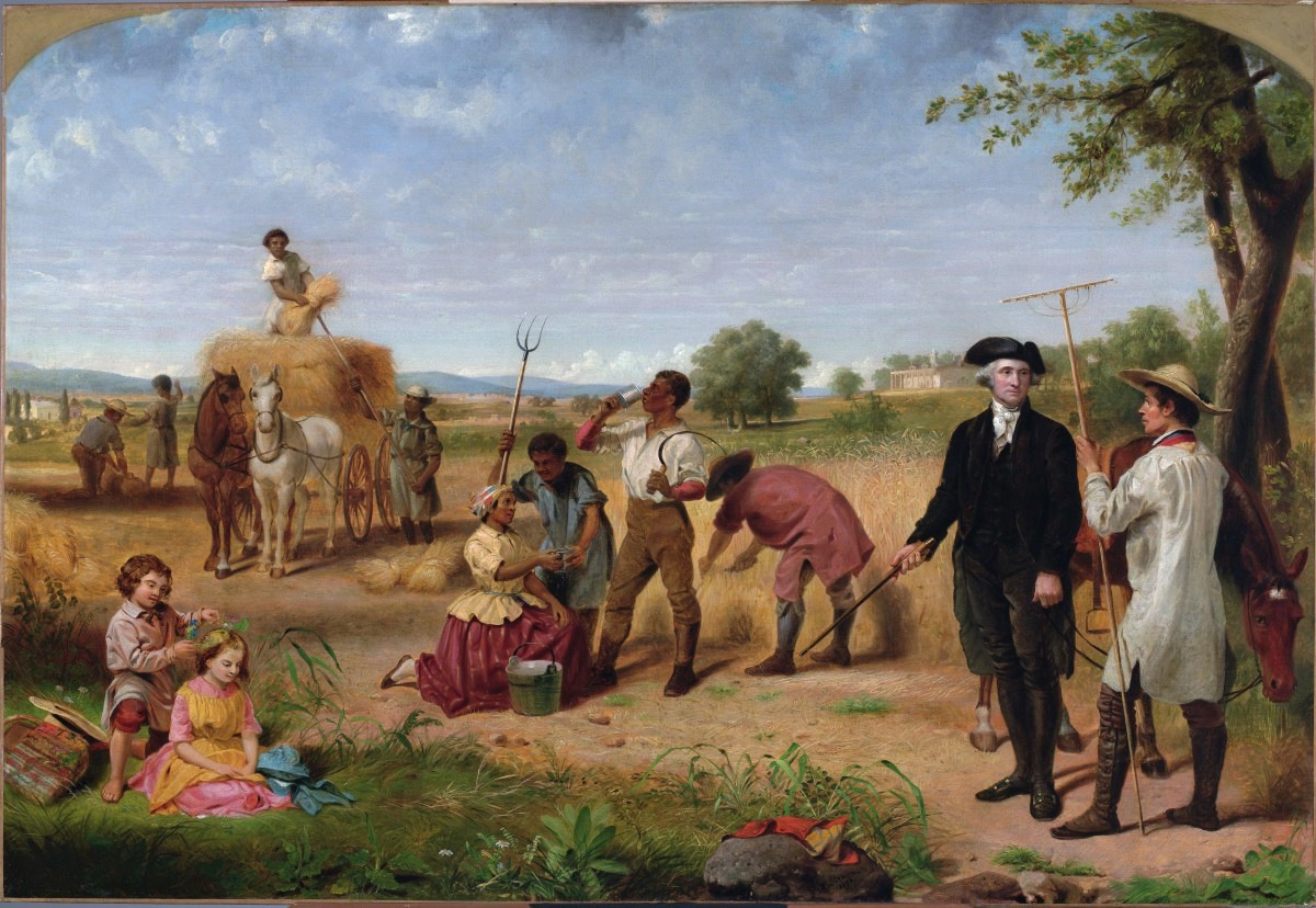 A historical painting depicts a rural harvest scene with George Washington