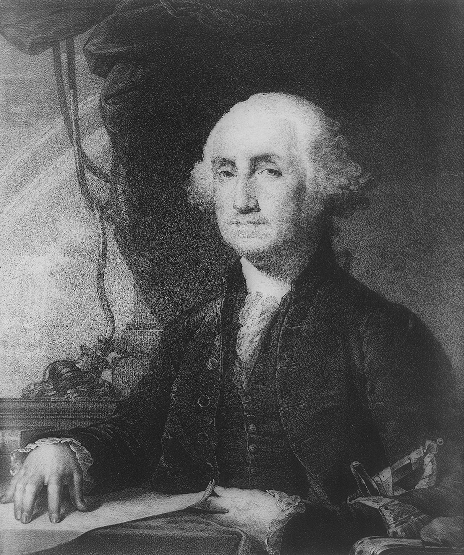 Black and white engraved portrait of George Washington