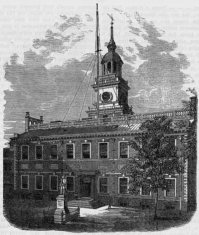 Black and white engraved image of Independence Hall in 1876