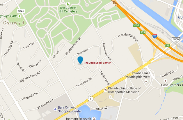 A map showing the location of The Jack Miller Center in Bala Plaza. Nearby landmarks include Crowne Plaza Philadelphia West, Philadelphia College of Osteopathic Medicine, and Belmont Reservoir. Surrounding roads include Monument Rd, Presidential Blvd, and City Ave.