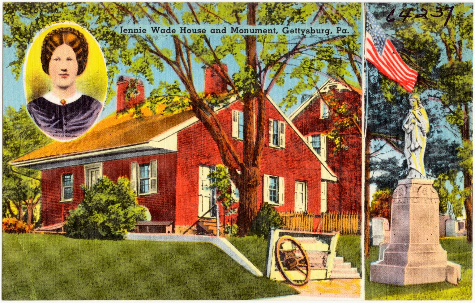 A postcard Jennie Wade House and Monument in Gettysburg, PA