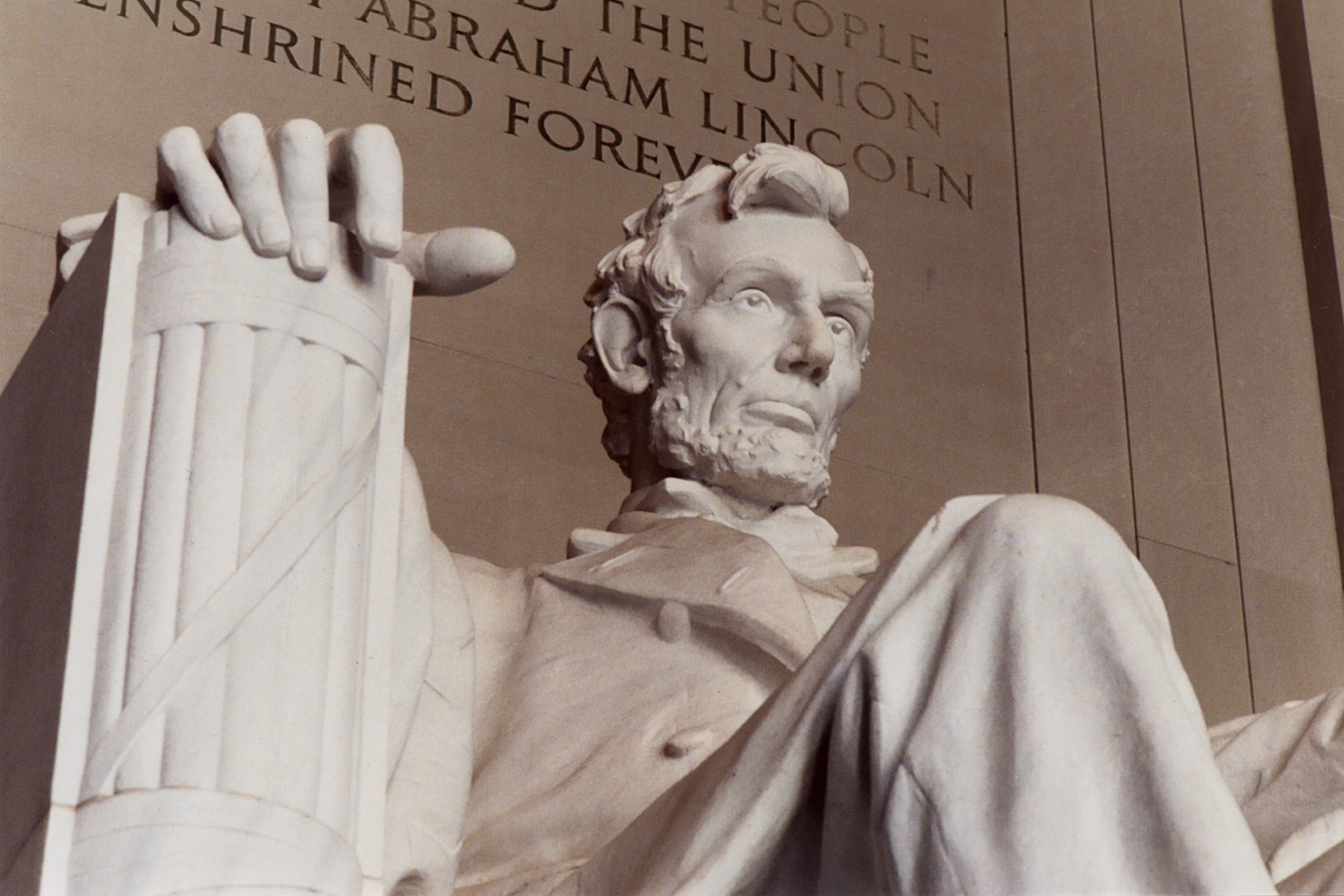 Close up on Lincoln statue in the Lincoln Memorial.