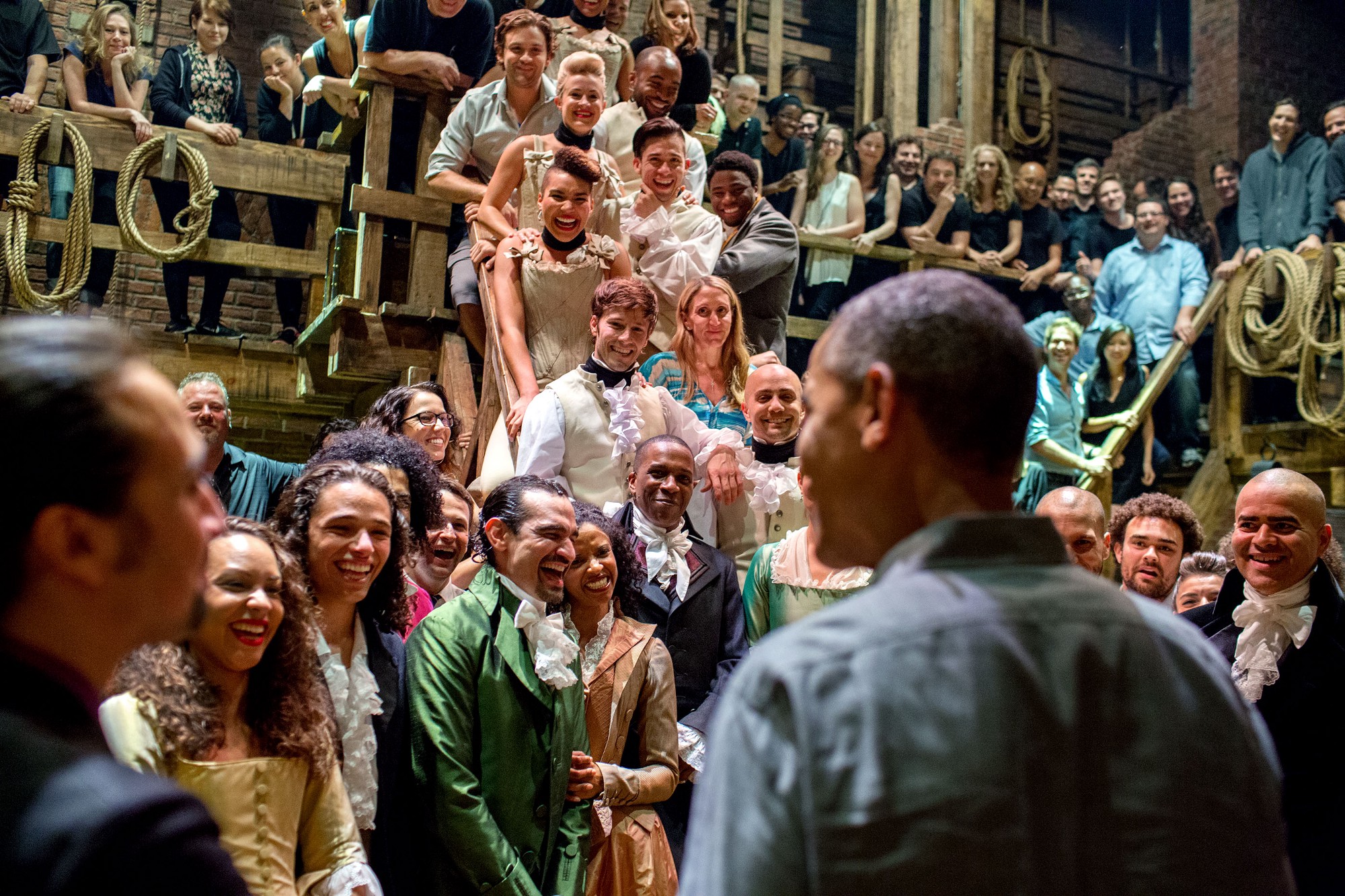 Obama greets the cast and crew of Hamilton musical, 2015