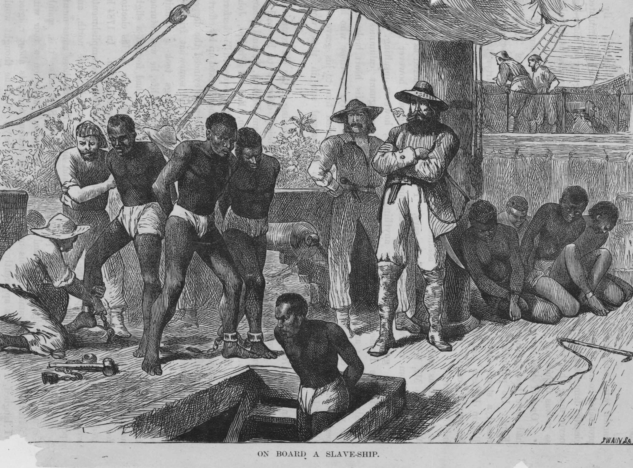 A black and white engraving of captive enslaved Africans on a slave ship.