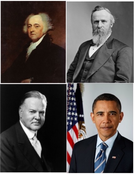 Collage of four presidential portraits: John Adams, Benjamin Henry Harrison, Herbert Hoover, and Barack Obama