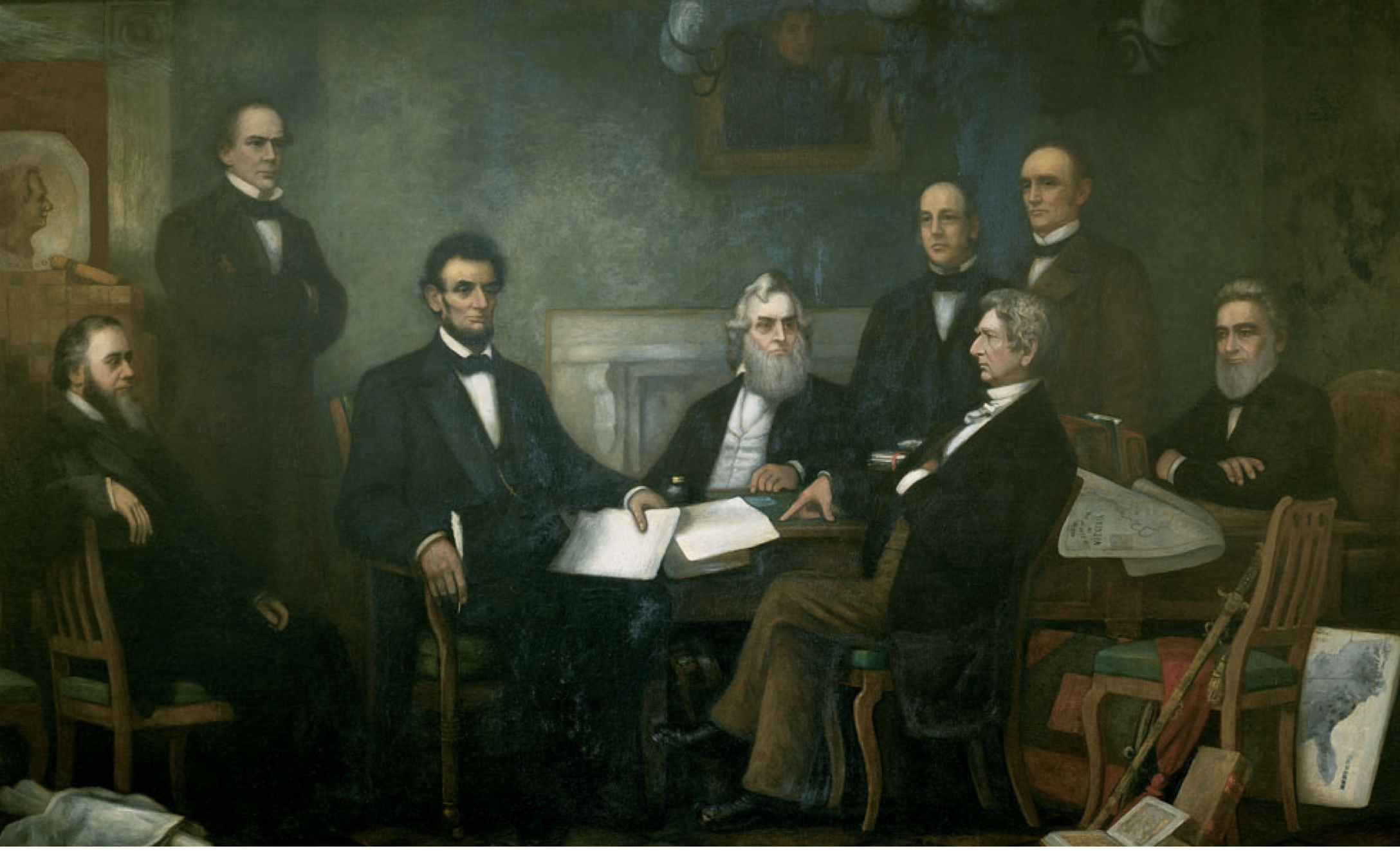 “First Reading of the Emancipation Proclamation by President Lincoln” by Francis Bicknell Carpenter (1864). From left to right: Edwin M. Stanton, secretary of war (seated); Salmon P. Chase, secretary of the treasury (standing); Abraham Lincoln; Gideon Welles, secretary of the navy (seated); Caleb Blood Smith, secretary of the interior (standing); William H. Seward, secretary of state (seated); Montgomery Blair, postmaster general (standing); Edward Bates, attorney general (seated)