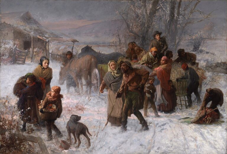 A painting by Charles T. Webber of escaped enslaved people being helped on the Underground Railroad.