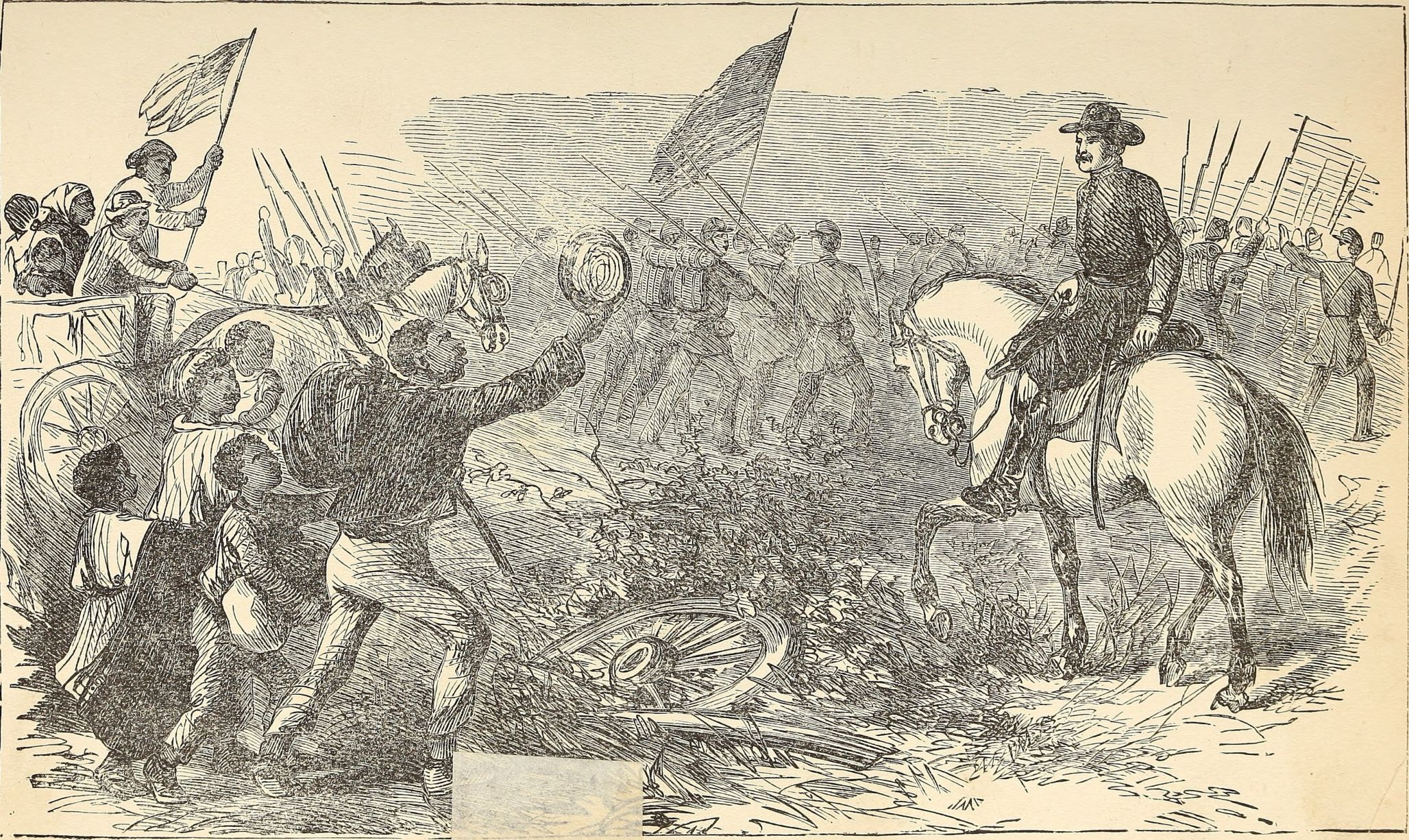 A historic illustration depicts a chaotic battlefield scene - escaped enslaved people gesture to the Union Army figures asking for their help