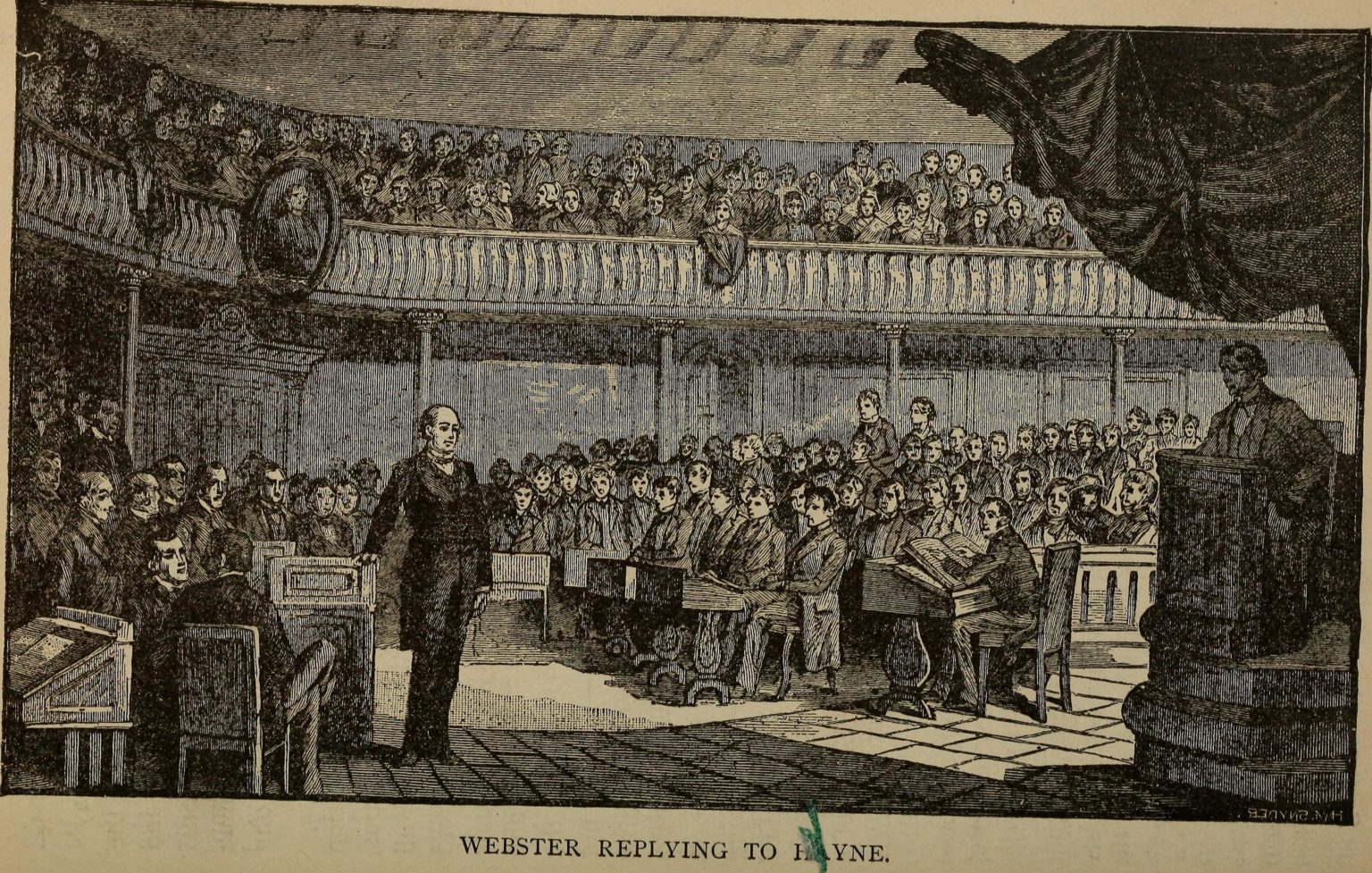 A historical illustration depicts a crowded assembly hall with an orator, Webster, addressing the audience from the floor. Hayne stands at the podium, under a draped canopy. The audience, seated in rows, attentively watches the proceedings. Caption reads 