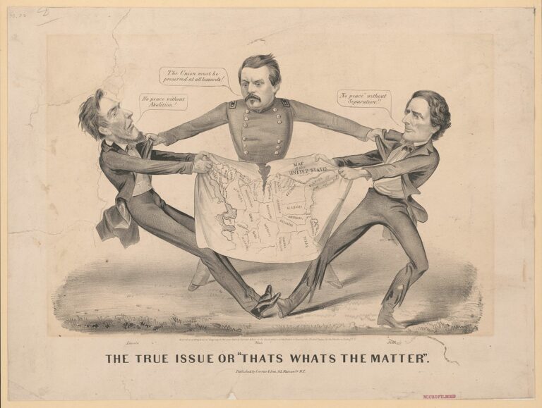 A political cartoon from the Civil War era showing a caricatured Abraham Lincoln and Jefferson Davis playing tug of war with a map of the United States. As the map begins to tear, a man in a military uniform tries to break the two men apart.