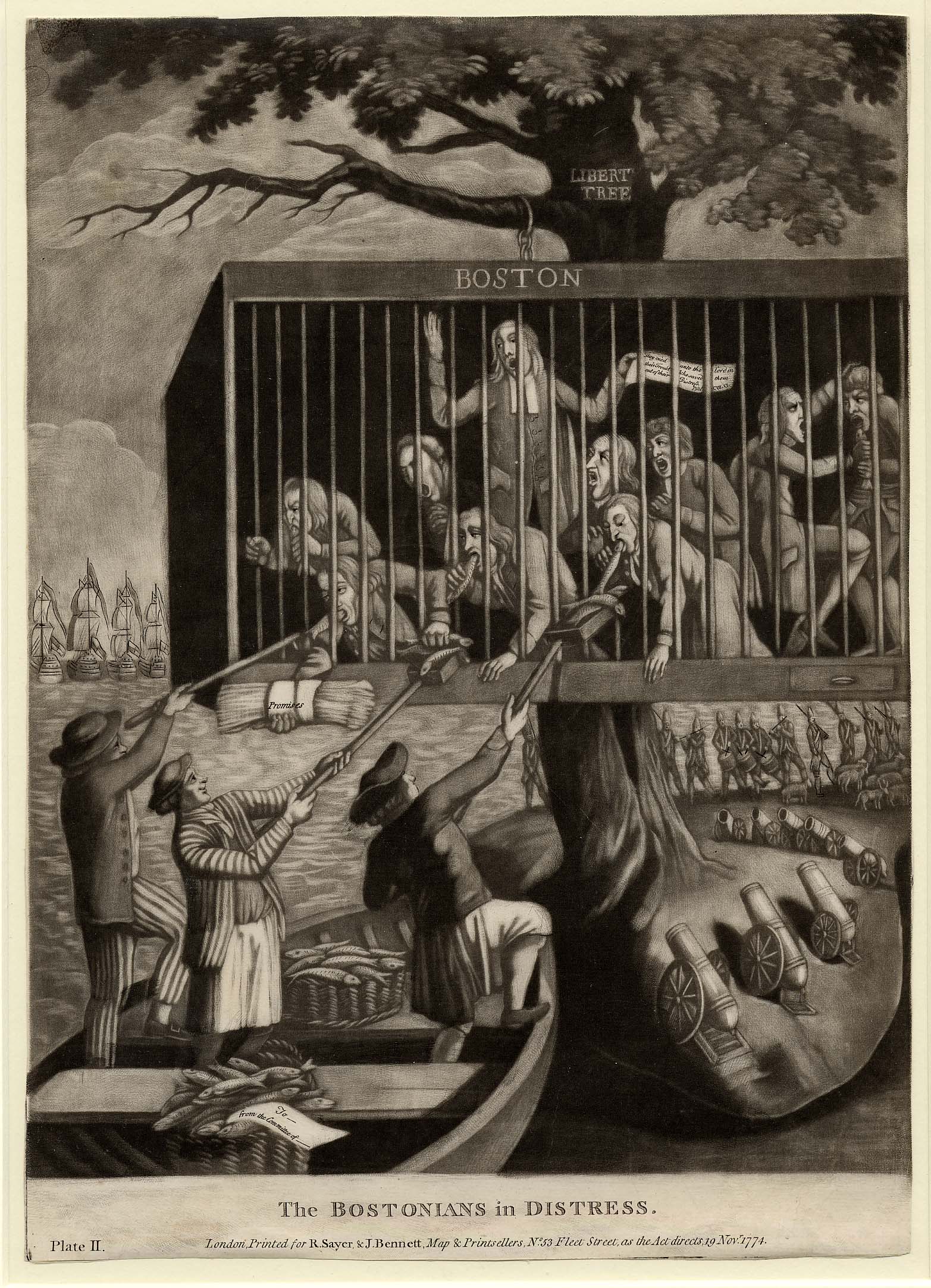 Black and white illustrated colonial political cartoon of men trapped in a cage labeled 