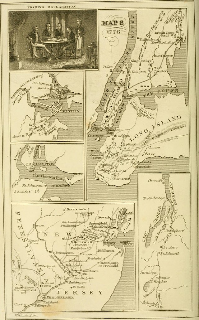 1776 map showing the areas surrounding Boston, Philadelphia, New York City, Charleston, and Ticonderoga