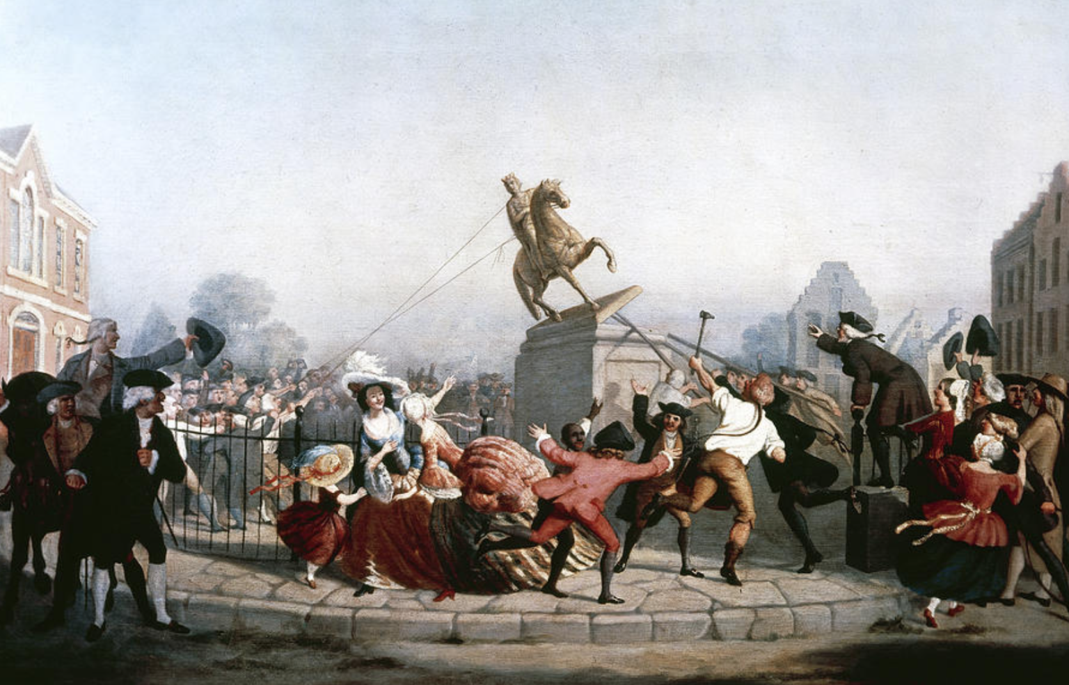 A painting of American colonists pulling down a gilded lead equestrian statue of George III at Bowling Green, New York City, 9 July 1776