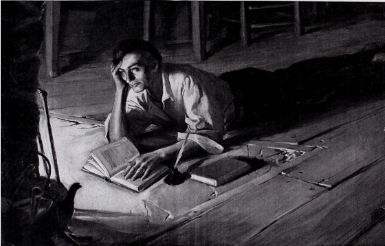 Black and white painting of a young Abraham Lincoln lying on the floor in front of a fireplace in a dimly lit room. He holds an open book and looks contemplatively into the distance.