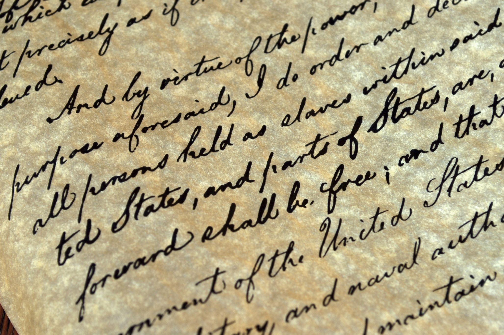 Closeup photo of a handwritten Emancipation Proclamation