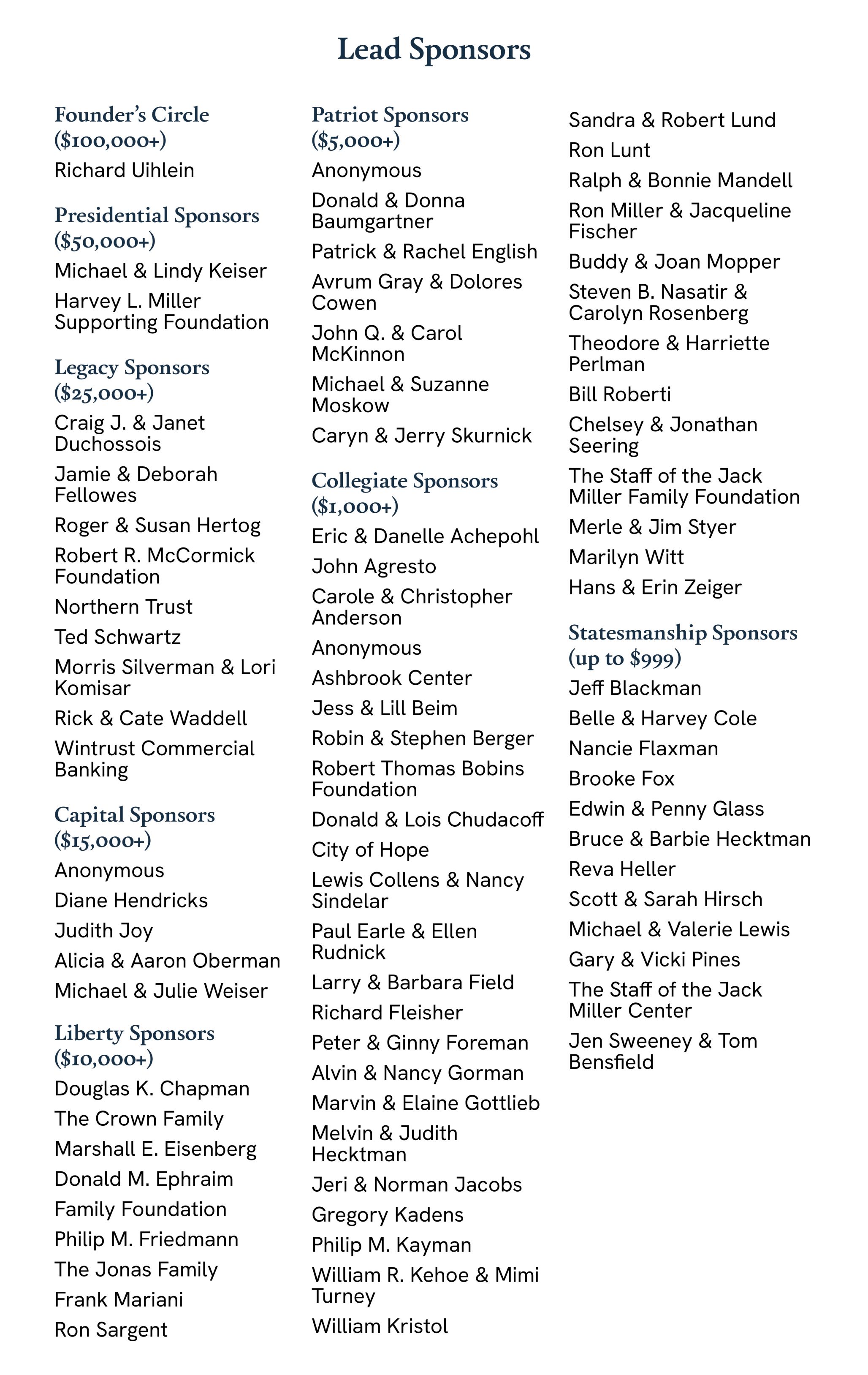 2023 gala lead sponsors: Founder’s Circle ($100,000+) Richard Uihlein Presidential Sponsors ($50,000+) Michael & Lindy Keiser Harvey L. Miller Supporting Foundation Legacy Sponsors ($25,000+) Craig J. & Janet Duchossois Jamie & Deborah Fellowes Roger & Susan Hertog Northern Trust Ted Schwartz Morris Silverman & Lori Komisar Rick & Cate Waddell Wintrust Commercial Banking Capital Sponsors ($15,000+) Anonymous Diane Hendricks Judith Joy Alicia & Aaron Oberman Michael & Julie Weiser Liberty Sponsors ($10,000+) Douglas K. Chapman The Crown Family Marshall E. Eisenberg Donald M. Ephraim Family Foundation The Jonas Family Frank Mariani Ron Sargent Patriot Sponsors ($5,000+) Anonymous Donald & Donna Baumgartner Patrick & Rachel English Avrum Gray & Dolores Cowen John Q. & Carol McKinnon Michael & Suzanne Moskow Caryn & Jerry Skurnick Collegiate Sponsors ($1,000+) Eric & Danelle Achepohl John Agresto Carole & Christopher Anderson Anonymous Ashbrook Center Jess & Lill Beim Robin & Stephen Berger Robert Thomas Bobins Foundation Donald & Lois Chudacoff Lewis Collens & Nancy Sindelar Paul Earle & Ellen Rudnick Larry & Barbara Field Richard Fleisher Peter & Ginny Foreman Alvin & Nancy Gorman Marvin & Elaine Gottlieb Melvin & Judith Hecktman Jeri & Norman Jacobs Gregory Kadens Philip M. Kayman William R. Kehoe & Mimi Turney William Kristol Sandra & Robert Lund Ron Lunt Ralph & Bonnie Mandell Ron Miller & Jacqueline Fischer Buddy & Joan Mopper Steven B. Nasatir & Carolyn Rosenberg Theodore & Harriette Perlman Bill Roberti Chelsey & Jonathan Seering The Staff of the Jack Miller Family Foundation Merle & Jim Styer Marilyn Witt Hans & Erin Zeiger Statesmanship Sponsors (up to $999) Jeff Blackman Nancie Flaxman Edwin & Penny Glass Bruce & Barbie Hecktman Reva Heller Scott & Sarah Hirsch Michael & Valerie Lewis Gary & Vicki Pines The Staff of the Jack Miller Center Jen Sweeney & Tom Bensfield