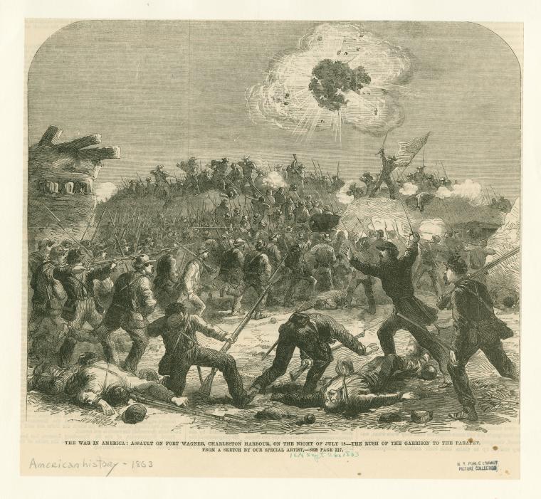 An assault on Fort Wagner Charleston Harbour on the night of July 18 1863