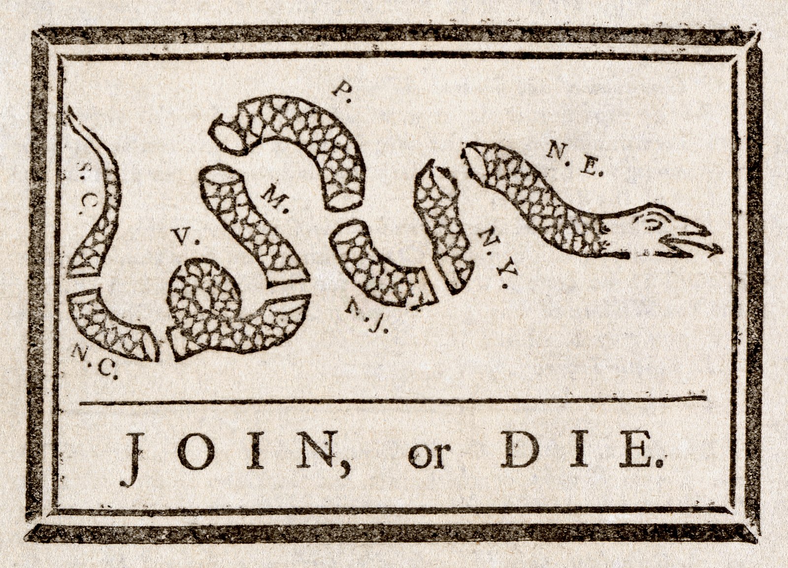 An illustration of a snake, broken into pieces, with each piece labeled for the Thirteen Colonies. The text below reads 