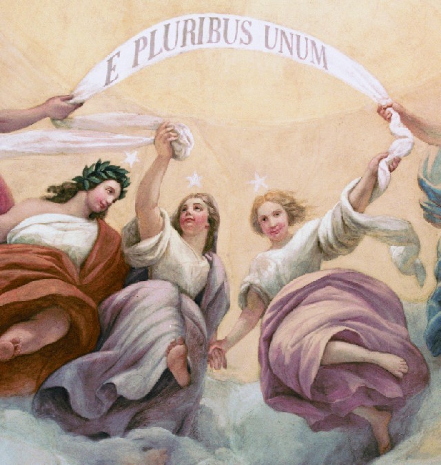 A painted scene depicts three women in flowing robes holding a banner with 