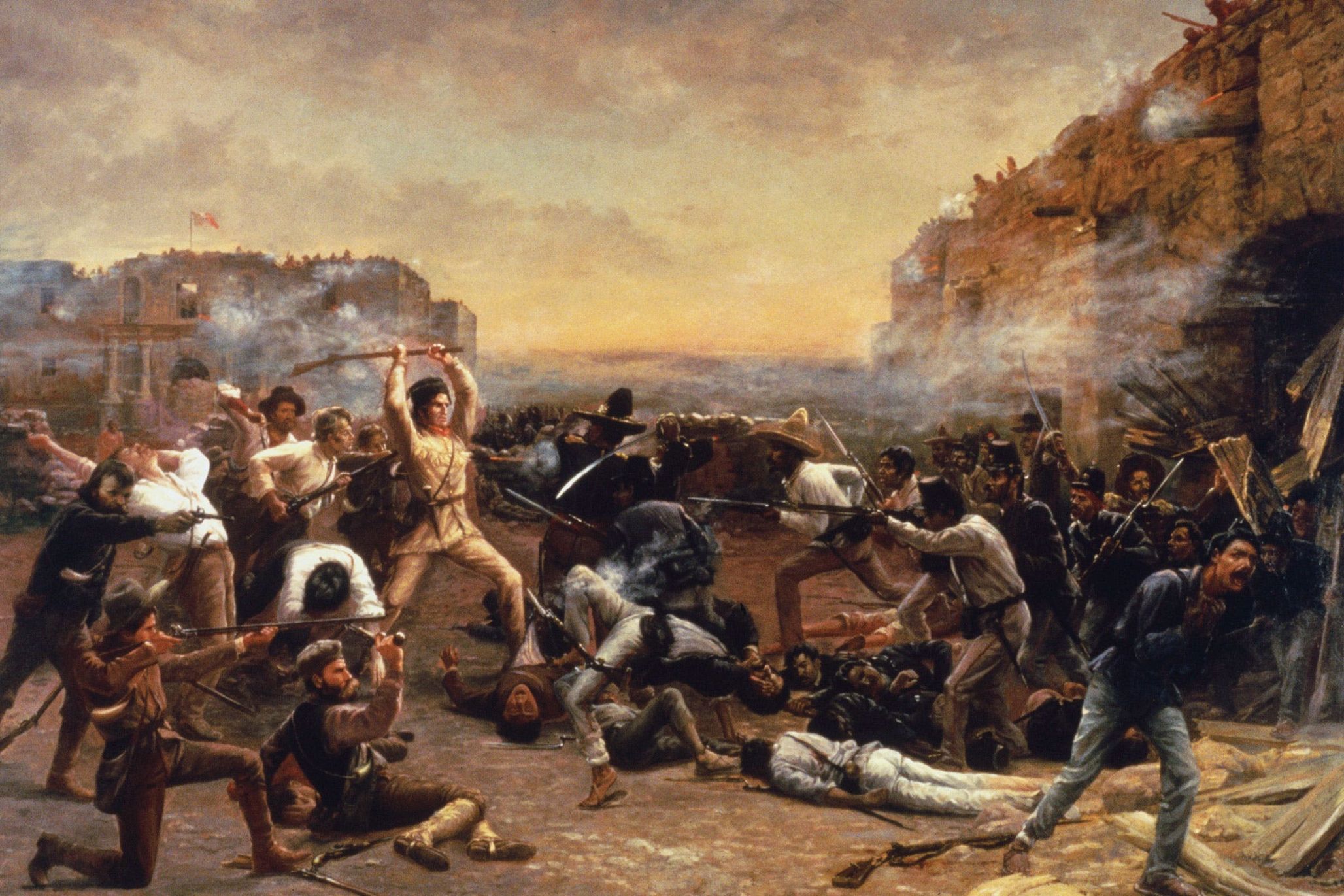 A painting of the Fall of the Alamo with men fighting one another