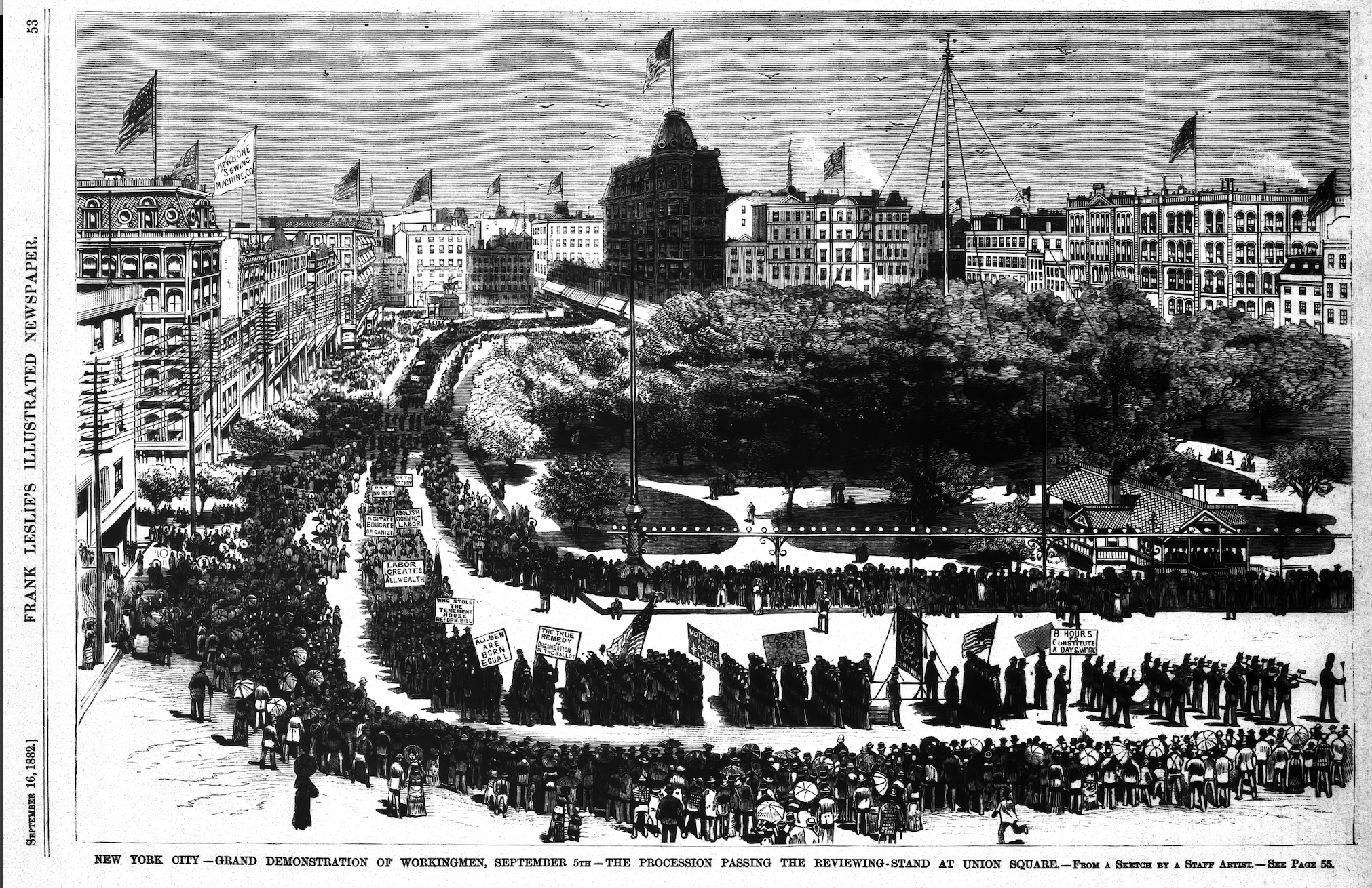 A black and white historical illustration shows a large Labor Day parade proceeding through New York City's Union Square. Crowds line the streets, while people in the parade hold banners and flags. Buildings and trees surround the square.