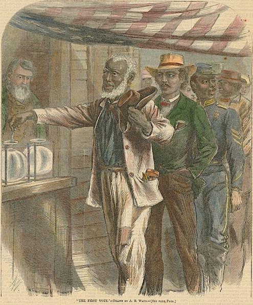 An illustration of free Black American men voting after the implementation of the Fifteenth Amendment