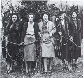 A small group of women chained to a cherry tree in protest