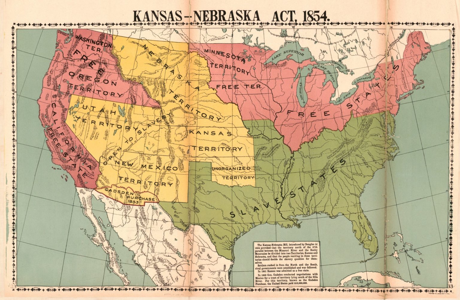 A map of the Kansas Nebraska Act of 1854