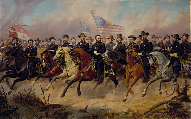 Ulysses S. Grant riding on horseback with his men riding into battle