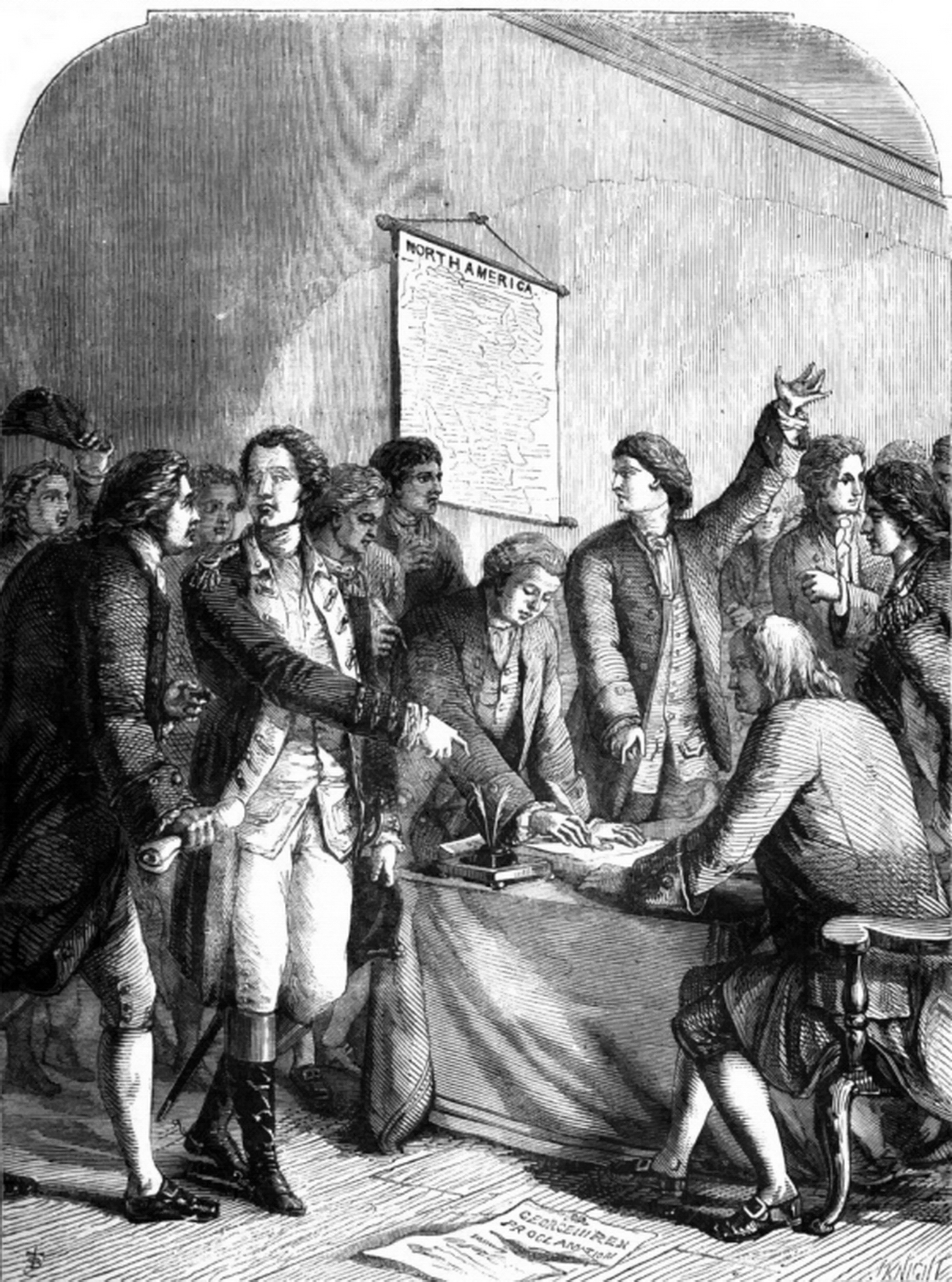 Black and white engraving of the signing the Declaration of American Independence