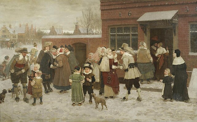 A painting of New Amsterdam residents greeting each other on New Years Day in 1636