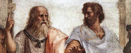 Closeup on painting showing the faces of Socrates and Aristotle