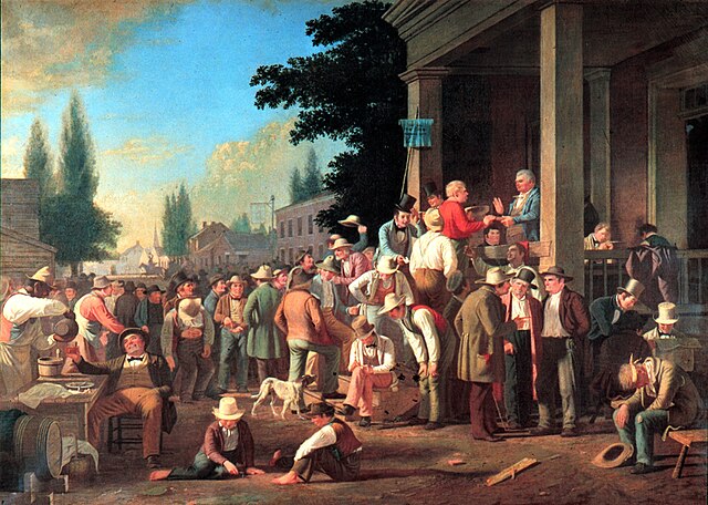 A painting of townspeople gathered for an election in 1846