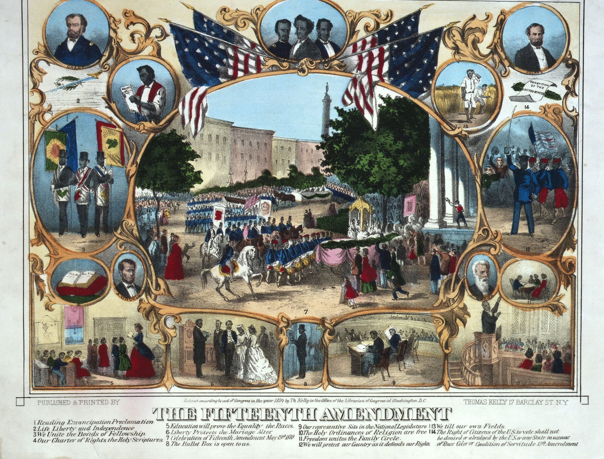 A colored illustration of the events surrounding the passage of the Fifteenth Amendment.