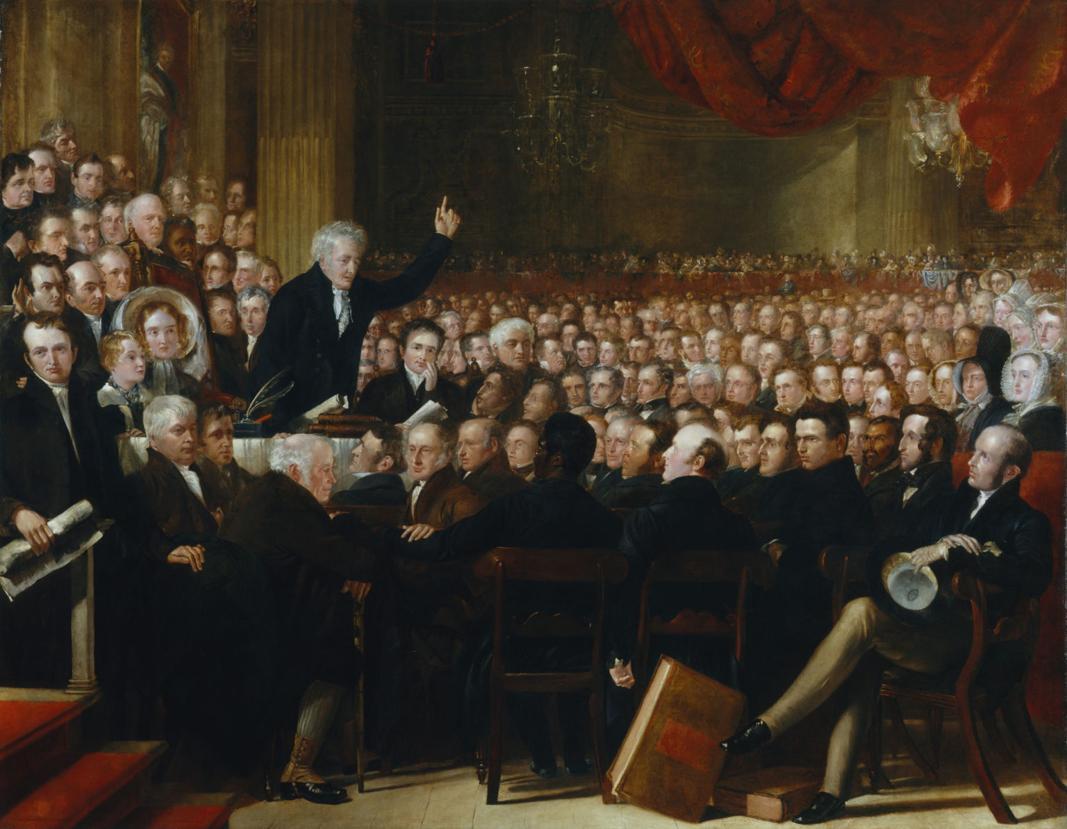 A large gathering of men, and a few key women, depicting The Anti-Slavery Convention of 1840