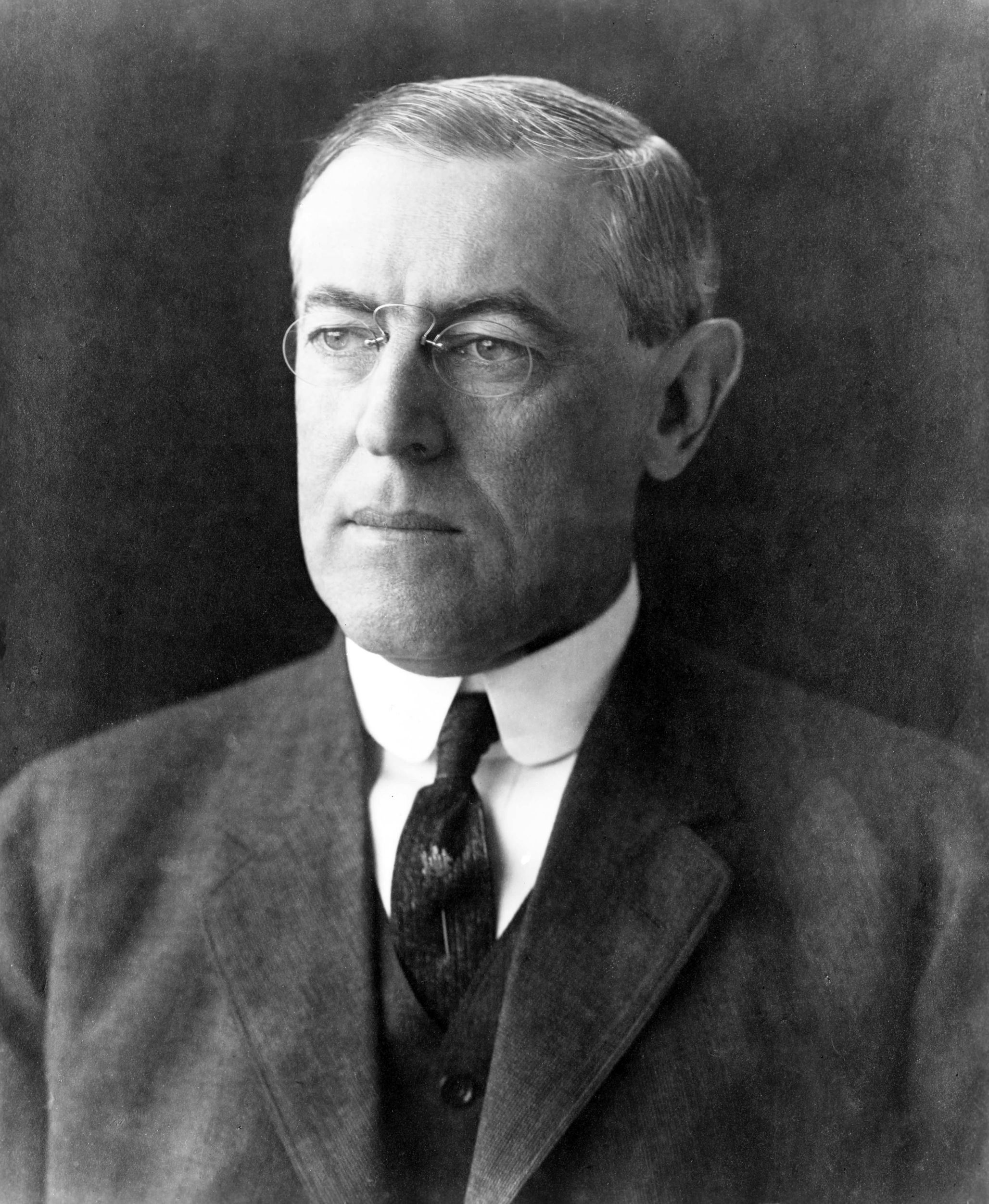 Black and white portrait photo of Woodrow Wilson