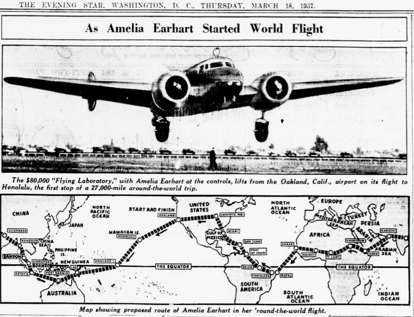 A map of Amelia Earhart's flight path and photo of her airplane