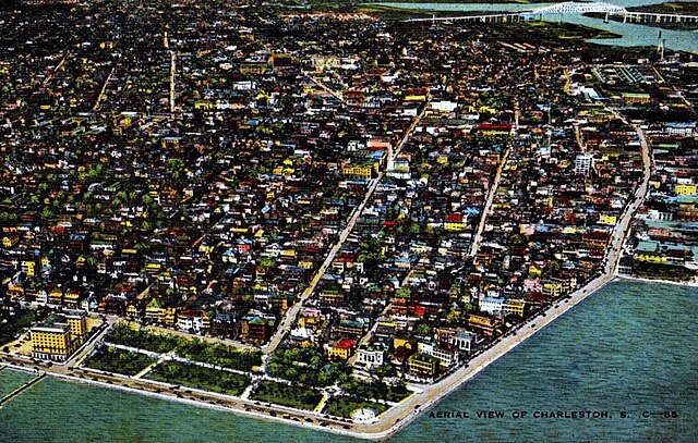 Photomechanical print of an aerial view of Charleston, South Carolina